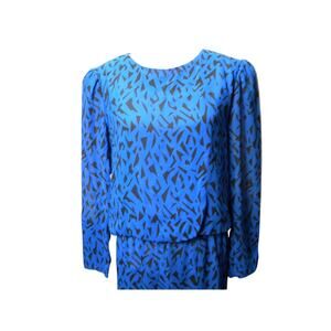 Vintage 80s Blue Modest Long Sleeve Dress Black Retro Abstract Print Size 16 USA